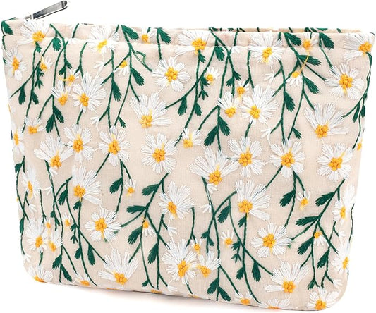 Flower Makeup Bag Travel Daisy Floral Cosmetic Bag for Women Cute Makeup Pouch Zipper Cosmetic Pouch for Purse Jacquard Aesthetic Floral Skincare Bag Portable Travel Toiletry Bag Organizer