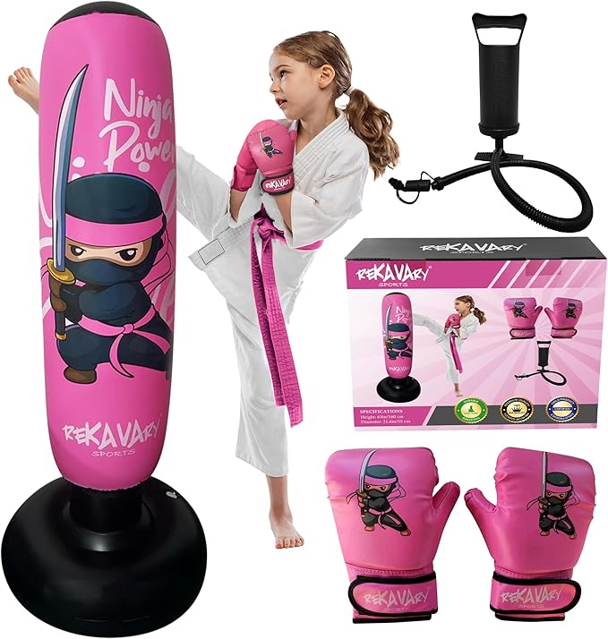 Punching Bag for Kids - 5' 3" Tall and Stable - Ninja Kids Inflatable Punching Bag Combo Kit with Kids Boxing Gloves, a Pump and Repair Kit. Boxing Bag for Immediate Bounce Back