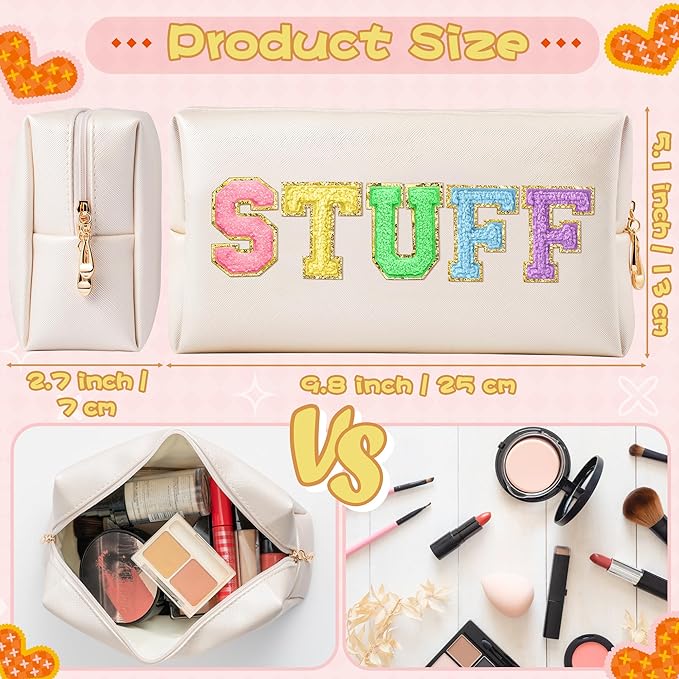 CY2SIDE STUFF Letter Makeup Bag - Colorful Stuff Chenille Letter Patch Cosmetic Bag Shell Gold PU Leather Patch Pouch Waterproof Portable Zipper Travel Organizer Christmas Idea Gifts for Women Girls