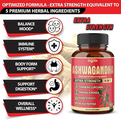 90 Capsules - Ashwagandha Supplement Capsules - Ginger Root, Turmeric, Rhodiola Rosea & Black Pepper
