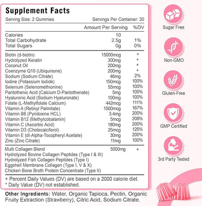 2 Pack Sugar Free Collagen Gummies for Women Men, 5000mg Hydrolyzed Collagen Peptide I,II,III,V,X with 15000mcg Biotin, Keratin, Vitamin C A B D E for Skin Hair Nails Joints, Immunity Energy Digestion