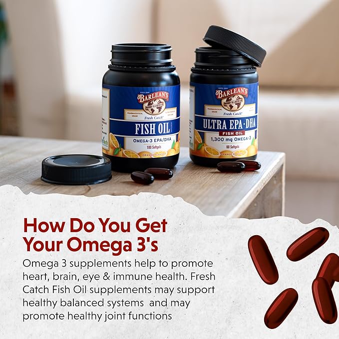 Barlean's Omega 3 Fish Oil Supplements, 600mg Fish Oil Pills with EPA & DHA, Softgels for Joint, Brain, & Heart Health, Orange Flavored, 250 Count