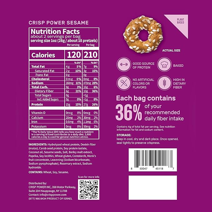 Crisp Power High Protein Pretzel Crisps - 6 Pack x 1.75 oz Crunchy & Flavorful Plant-Based Snack. No Sugar, 28g Protein Per Pack in 3 Savory Flavors, Vegan, Keto Friendly, Non-GMO, Kosher Non-Dairy (1.75 Ounce (Pack of 6), Sesame)