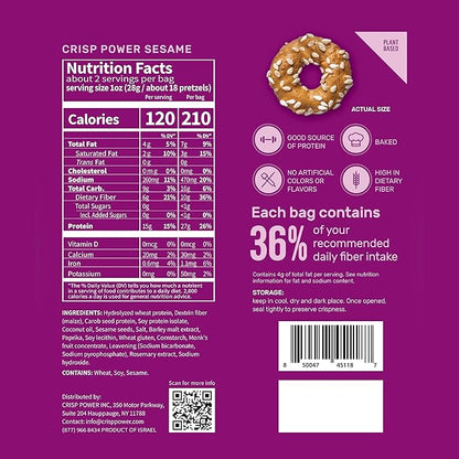 Crisp Power High Protein Pretzel Crisps - 6 Pack x 1.75 oz Crunchy & Flavorful Plant-Based Snack. No Sugar, 28g Protein Per Pack in 3 Savory Flavors, Vegan, Keto Friendly, Non-GMO, Kosher Non-Dairy (1.75 Ounce (Pack of 6), Sesame)