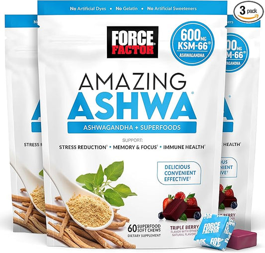 FORCE FACTOR Amazing Ashwa for Stress Relief, Memory, Focus, and Immune Support Health, Ashwaganda Supplement with KSM-66 Ashwagandha for Stress, 180 Soft Chews