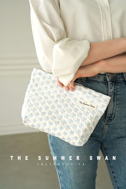 The Summer Swan | Large Aesthetic Makeup Bag | Floral Makeup Bag | Mid-day Clutch | Period Kit Bag | Hygiene Bag | Skincare Bag | Cute Makeup Bag (Polka Dots Blue)