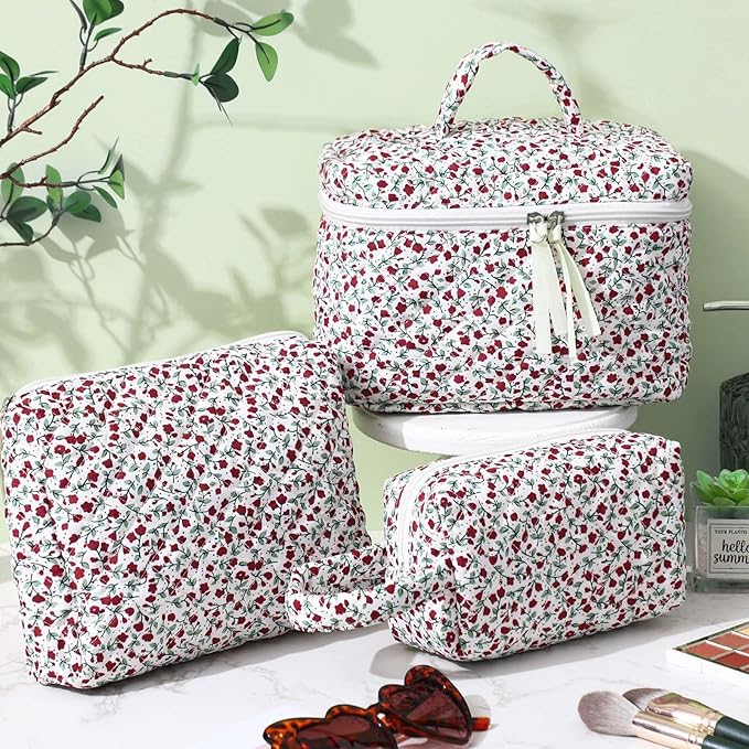 Paterr 3 Pieces Cotton Quilted Makeup Bag Set Coquette Cosmetic Bag Aesthetic Travel Toiletry pouch Cute Pouch Kawaii Aesthetic for Women(Red,Red Floral)