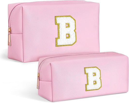 TOPEAST Initial Cosmetic Bag, 2 PCS Makeup Pouch Makeup Organizer Bag PU Leather Chenille Letters Waterproof Travel Toiletry Bag Personalized Birthday Gifts for Mom Grandma, Pink B