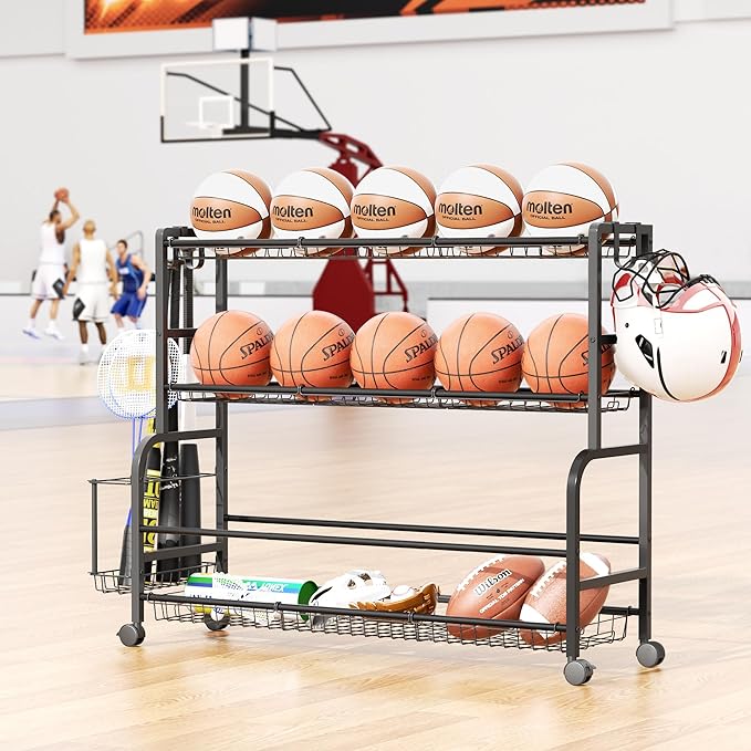Sports Equipment Garage Organizer - Ball Storage Garage - Ball Storage Rack - Rolling Ball Cart with Wheels Basket and Hooks for Basketballs Footballs Volleyballs in Gym Playgroup and School.