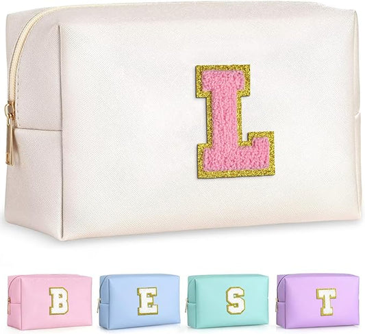 TOPEAST Personalized Birthday Gifts for Women, Preppy Patch Makeup Bag, Chenille Letter Pouch Cosmetic Bag, Travel Organizer, Gifts for Friends Cute Stuff for Women (Pearly White L)