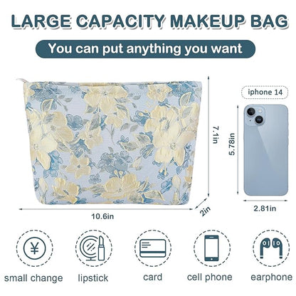 ZLFSRQ Flower Makeup Bag for Women Girls Travel Cute Floral Cosmetic Bags Large Cosmetic Pouch Purse with Zipper Portable Toiletry Bag Aesthetic Embossed Blue Beige Makeup Brushes Storage Organizer