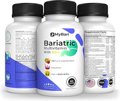 All-in-One Bariatric Multivitamin with Iron - Made in USA - for Men & Women - Supports Gastric Sleeve & Bypass with 42+ Fruit & Veggie Blend - 60 Liquid Capsules