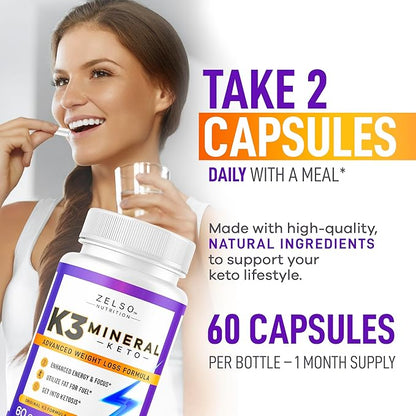 ZELSO (3 Pack) K3 Mineral Weight Loss Pills for Women and Men - K3 Salt Mineral, Vitamin + K3 Capsules Supplement for Weight Loss - 180 Days Supply