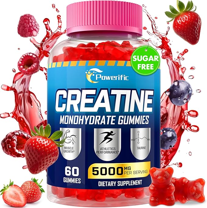 Creatine Monohydrate Gummies for Men & Women, Creatine Pre Workout Gummies with Taurine&B6, Chewable Creatine Monohydrate Gummies 5g, Increase Strength, Energy, Endurance, Muscle, Vegan, Organic
