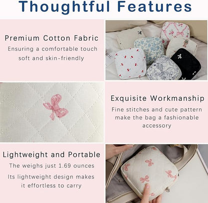 Small Quilted Cotton Makeup Bag for Purse, Cosmetic Bag with Compartments, Cotton Aesthetic Makeup Bag, Travel Toiletry Pouch, Lipstick Bag Card Holder Data Cable Organizer (08White Pink Bow)