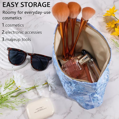 ZLFSRQ Flower Makeup Bag Travel Cute Floral Cosmetic Bags for Women Large Toiletry Pouch Zipper Cosmetic Pouch for Purse Aesthetic Embossed Blue Makeup Organizer Bag Portable Toiletry Bags