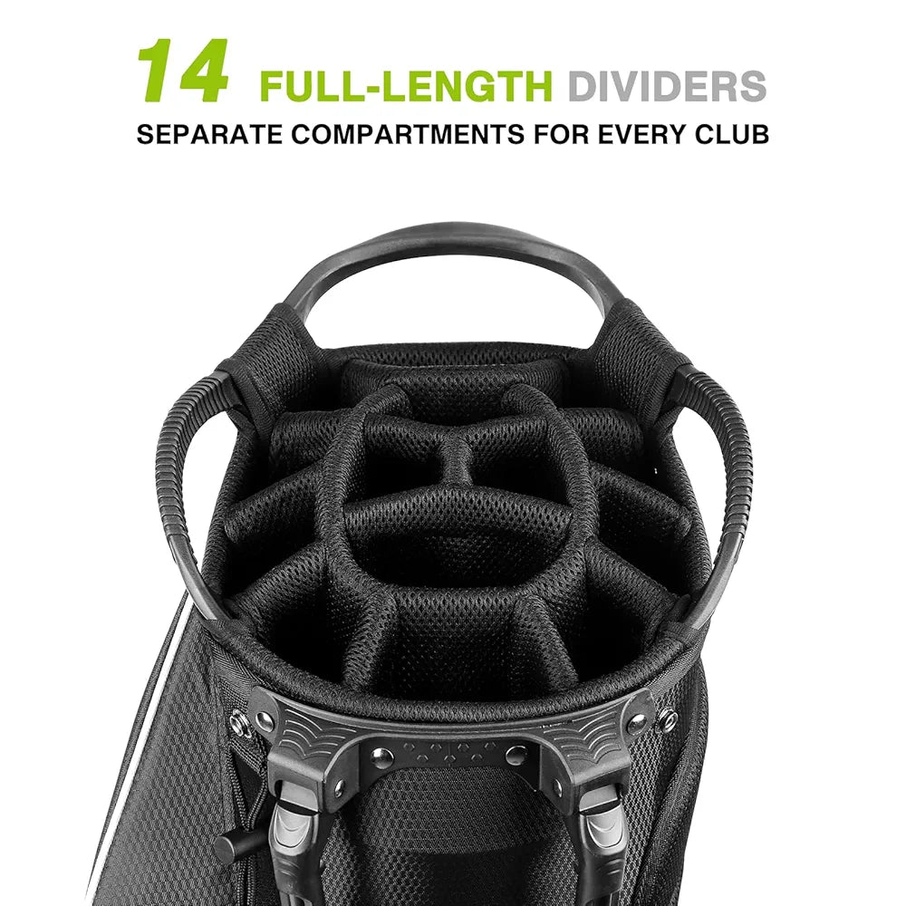 Golf Stand Bag 14 Way Top Dividers Full-Length with Stand, 8 Pockets, Cooler Pouch, Waterproof Golf Bag for Men, Dual Strap, Rain Hood