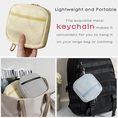 Small Canvas Makeup Bag with Compartments for Purse, Wide-open Makeup Pouch with Zipper and Keychain, Key Pocket Lipstick Bag Travel Organizer Bag（01Beige）