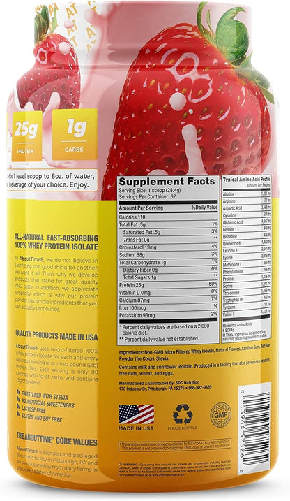 About Time Whey Protein Isolate Strawberry 2lb - 25g Protein, Non-GMO, 0g Fat, 0g Sugars, No Artificial Sweeteners, 32 Servings