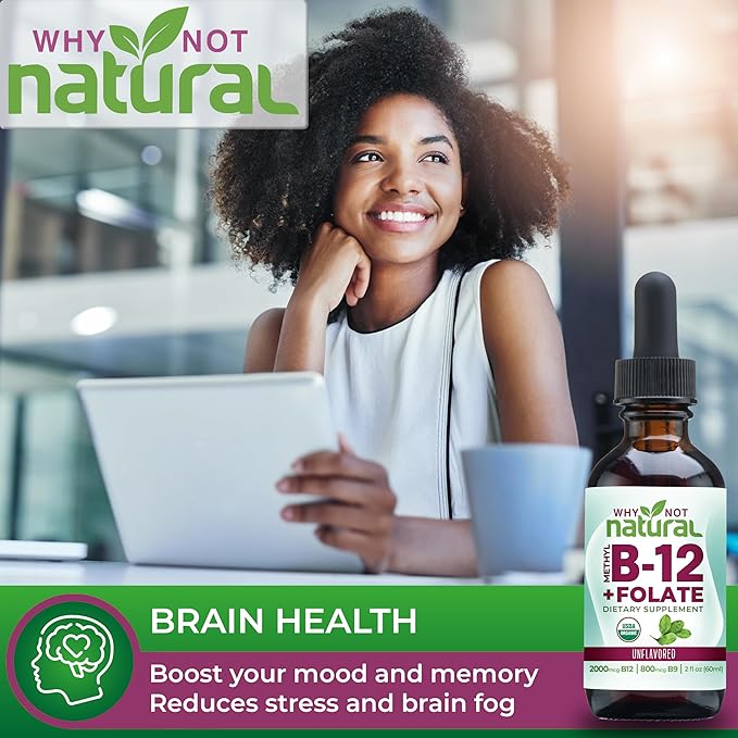 Why Not Natural Vitamin B12 Liquid Plus Folate - Organic Sublingual Extra Strength Vegan Drops - Methyl B12 and Folinic Supplement
