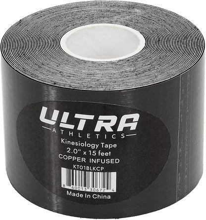 Copper Infused Kinesiology Tape, Water Resistant Premium Elastic Tape, Hypoallergenic, Ideal for Muscle Support & Injury Prevention (Black)