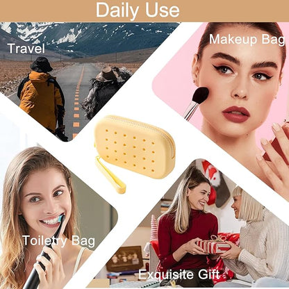 Portable Silicone Makeup Bag for Women, Small Travel Toiletry Cosmetic Bag with Decorative Holes, Zipper Closure Organizer Makeup Case with Handle (Yellow)