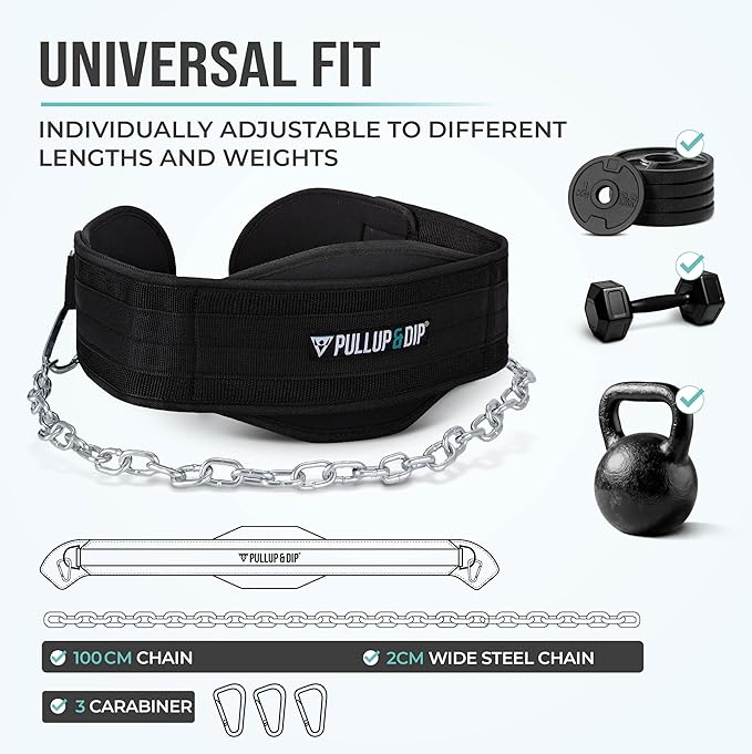 PULLUP & DIP Weightlifting Belt for and additional Strength and Muscle Building, Weight Belt with Steel Chain & 3x Carabiner, Dip Belt for Calisthenics, Weight Training, Training at Home and Bodybuilding