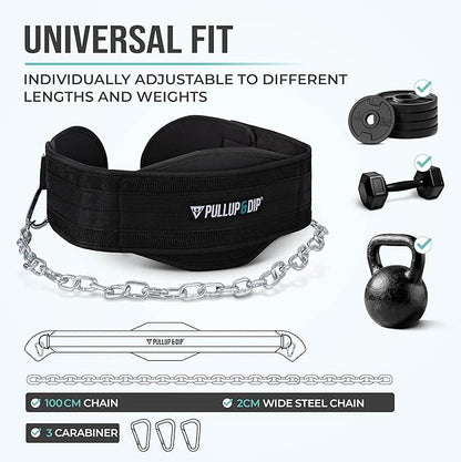 PULLUP & DIP Weightlifting Belt for and additional Strength and Muscle Building, Weight Belt with Steel Chain & 3x Carabiner, Dip Belt for Calisthenics, Weight Training, Training at Home and Bodybuilding