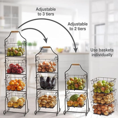 Gourmet Basics by Mikasa Ferme 4-Tier Metal Floor Standing Fruit/Home Storage Market Basket, Antique Black