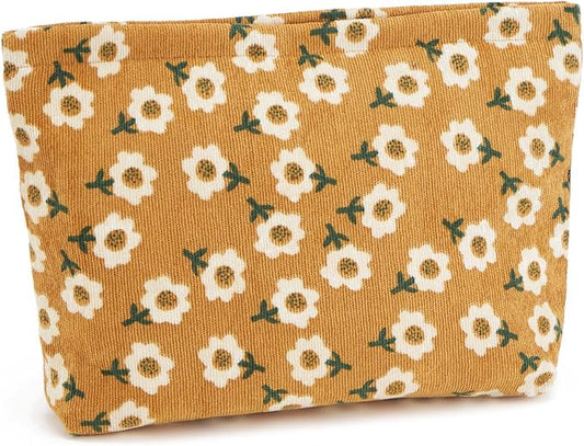 WOZEAH Floral Corduroy Makeup Bag for Purse Small Cosmetic Pouch,Stylish Zipper Make up Pouch Travel Canvas Toiletry Bags(Floral Corduroy 1)