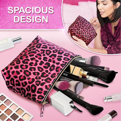 Vegan Leather Hot Pink Leopard Makeup Bag Y2K 2000s McBling Aesthetic - Cheetah Print Small Cosmetic Toiletry Storage Case Travel Make Up Bag - Cute Girly Girl Gifts for Women Cute Accessories Things