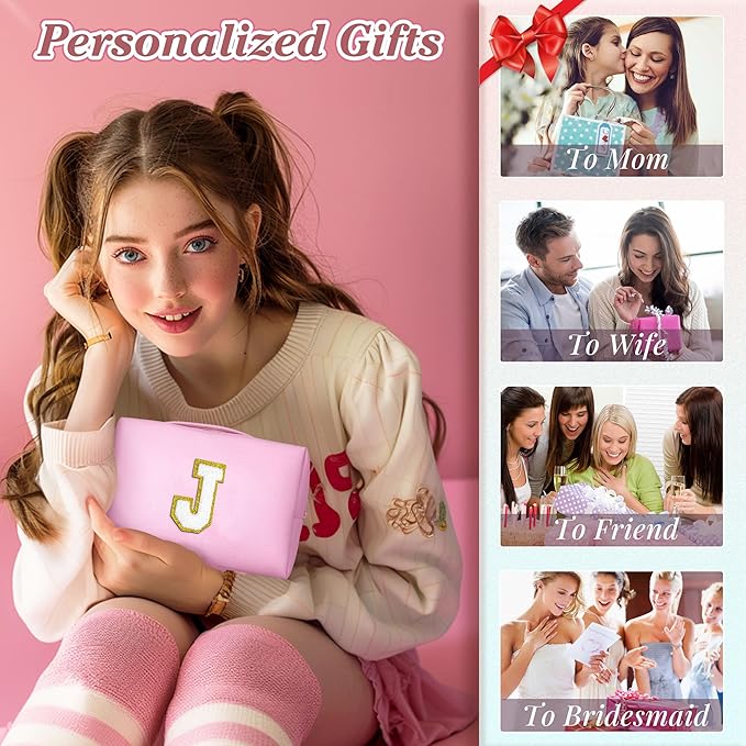 TOPEAST Personalized Initial Makeup Bag 2 Pack - PU Leather Waterproof Toiletry Organizer, Cute Travel Essentials Gift for Women, Pink M