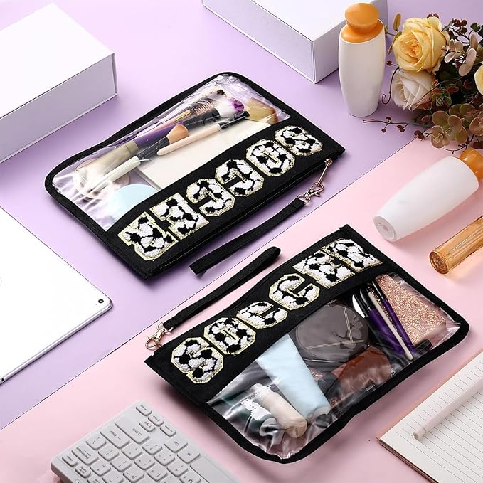 4 Pcs Soccer Bags Gifts Chenille Letter Makeup Bags with 4 Pins Preppy Clear Cosmetic Bag Waterproof Zipper Pouch for Girls Soccer Mom Player Lover Coach