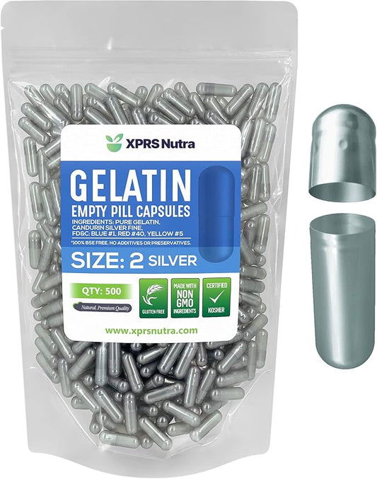 XPRS Nutra Size 2 Empty Capsules - 500 Count Empty Gelatin Capsules - Empty Pill Capsules - DIY Supplement Capsule Filling - Fillable Color Gel Caps Pills (Silver)