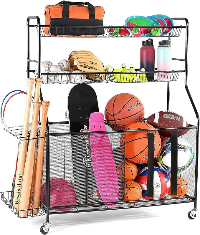 HOME IT Garage Sports Equipment Organizer - Garage Ball Storage Rack Organizer Holder with Baskets, Rolling Wheels & Breaks - Large Capacity Heavy Duty Steel Ball Storage Cart
