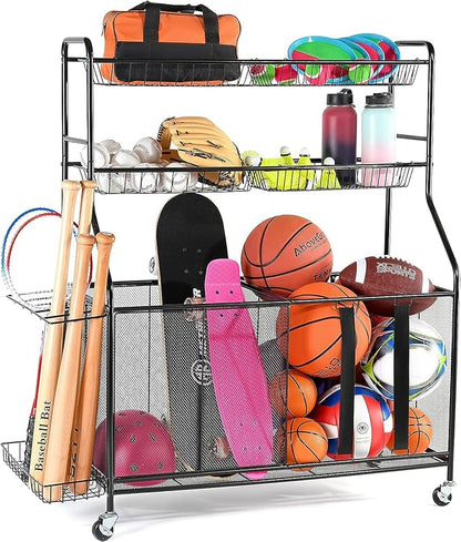 HOME IT Garage Sports Equipment Organizer - Garage Ball Storage Rack Organizer Holder with Baskets, Rolling Wheels & Breaks - Large Capacity Heavy Duty Steel Ball Storage Cart