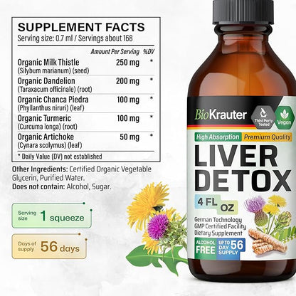 BIO KRAUTER Liver Detox Liquid - Liver Cleanse Detox Liquid Drops - Milk Thistle, Chanca Piedra, Turmeric, Dandelion, Artichoke - Liver Tincture - Vegan Drops 4 Fl. Oz.