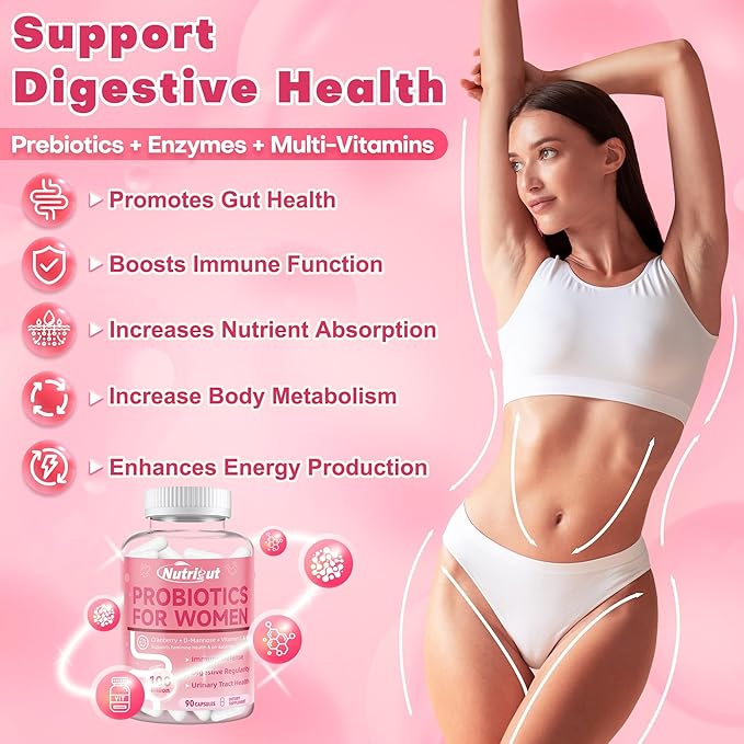 Probiotics for Women 100 Billion CFUs Probiotic and Prebiotics with Digestive Enzymes for Gut Health, Vaginal Probiotics with Cranberry and D-Mannose for Urinary Tract Health, pH Balance, 87 Capsules