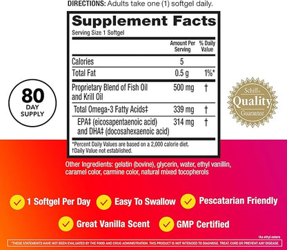 Megared Omega-3 Fish Oil + High Absorption Krill Oil 500mg Softgels, MegaRed Advanced 4in1 (80 count in a bottle) Concentrated Omega-3 Fish & Krill Oil Supplement
