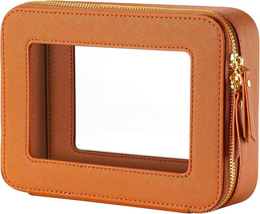 Keains Clear Makeup Bag for Women，Cosmetic Organizer Case Transparent Waterproof Travel Toiletry Bag with Zipper，Portable Make Up Organizer Traveling Compact Car Bag for Essentials（Orange brown）