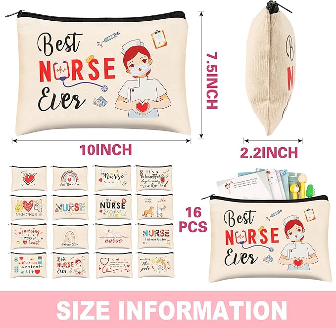 Kolewo4ever 16 Pieces Nurse Survival Kit Nurse Practitioner Gifts Nurse Appreciation Gifts CNA Week Gifts Nursing Makeup Bags Cosmetic Funny Travel Pouch Bag for Women Nurses