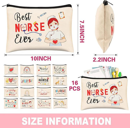 Kolewo4ever 16 Pieces Nurse Survival Kit Nurse Practitioner Gifts Nurse Appreciation Gifts CNA Week Gifts Nursing Makeup Bags Cosmetic Funny Travel Pouch Bag for Women Nurses