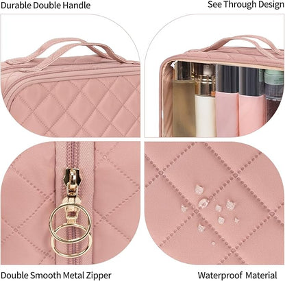 OCHEAL Makeup Bag, Double Layer Cosmetic Bag, Large Capacity New Look Clear Cosmetic Case for Women Travel Beauty Essentials, Multiple Compartments Makeup Case Organizer Zipper Pouch -Nude Pink