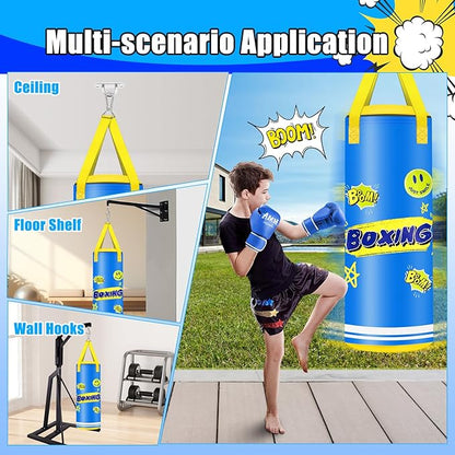 Hanging Punching Bag for Kids, 2FT PU Leather Kicking Bag with Boxing Bag Gloves, Heavy Bag Boxing Equipment for Training Karate Muay Thai Kick Taekwondo(Unfilled)