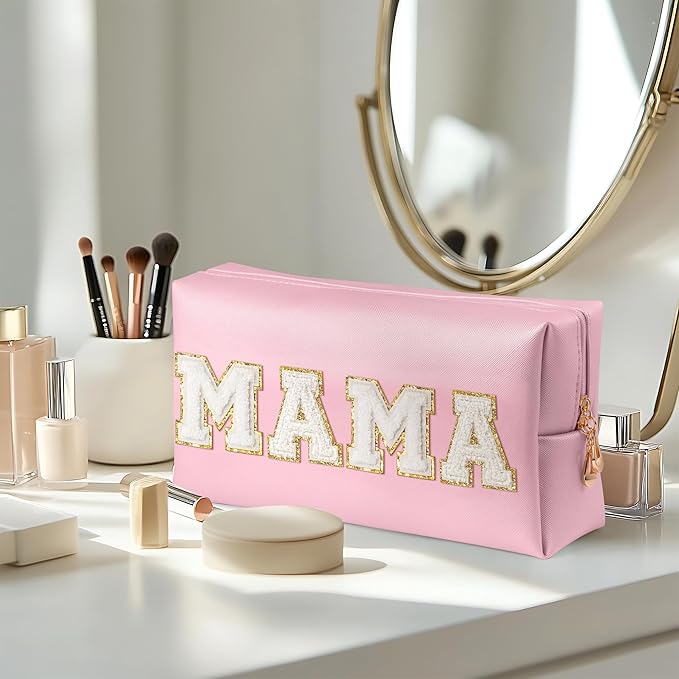 CY2SIDE MAMA Letter Makeup Bag - White Mama Chenille Letter Patch Cosmetic Bag Pink PU Leather Patch Travel Pouch Waterproof Portable Zipper Travel Organizer Case Christmas Idea Gifts for Mom Women