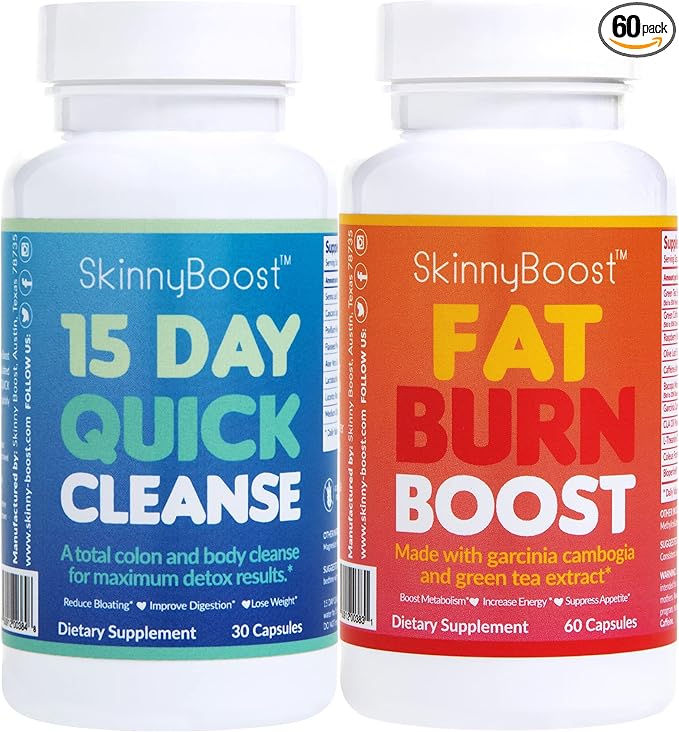 SkinnyBoost Fat Burn & 15 Day Quick Cleanse KIT-Vegan Capsules, Easy to Use: Detox, Supports Metabolism and Colon Cleanser, Made in The USA