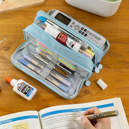 CICIMELON Big Capacity Pencil Case 3 Compartments Pen Pouch Bag Multifunctional Organizer for School Office, Haze Blue