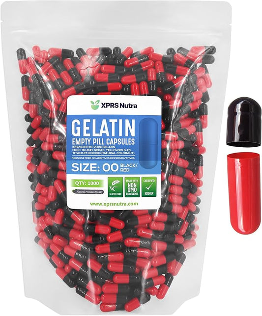 XPRS Nutra Size 00 Empty Capsules - 1000 Count Empty Gelatin Capsules - Empty Pill Capsules - DIY Capsule Filling - Fillable Pill Capsules Empty Gel Caps (Black/Red)