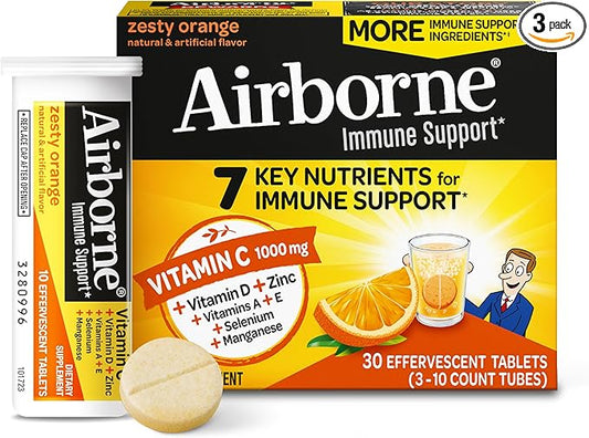Airborne 1000mg Vitamin C with Zinc, SUGAR FREE Effervescent Tablets, Immune Support Supplement with Powerful Antioxidants Vitamins A C & E - 30 Fizzy Drink Tablets, Zesty Orange Flavor