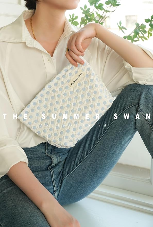 The Summer Swan | Large Aesthetic Makeup Bag | Floral Makeup Bag | Mid-day Clutch | Period Kit Bag | Hygiene Bag | Skincare Bag | Cute Makeup Bag (Polka Dots Blue)